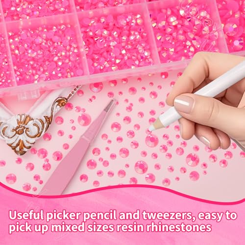 16000 Pcs Resin Rhinestones for Crafting, Flatback Hot Pink Gems Jelly Rhinestones, Mixed Sizes Pink Bedazzling Crystal with Pickup Tool for DIY Crafts Clothing Tumblers Mugs Shoes Fabric Nail Art
