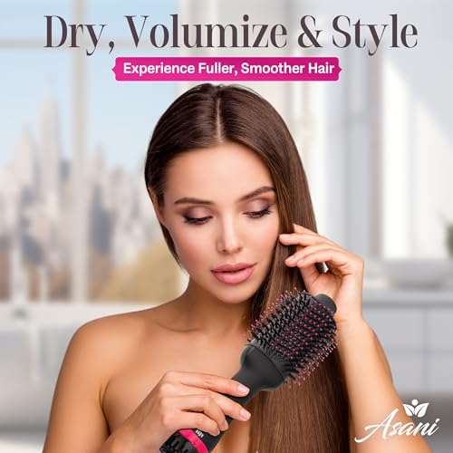 Asani Hair Dryer Brush - 4-in-1 Blow Dryer with Comb, Curling & Hot Hair Straightener Brush - Round Blowout Straightening Brush with Anti-frizz Ceramic Titanium Barrel for All Hair Types (120V)