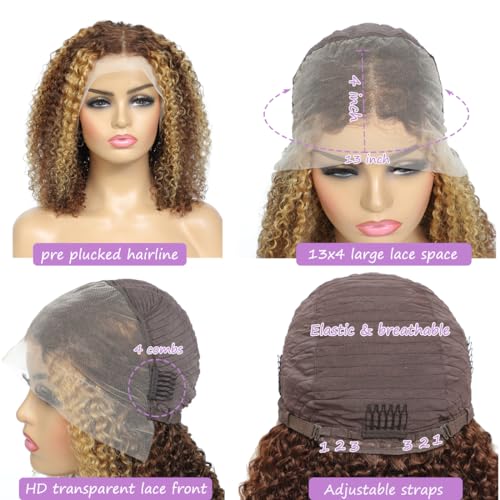 13x4 Highlight Ombre Deep Wave Lace Front Wigs Human Hair Pre Plucked 180% Density Glueless Transparent 4/27 Lace Front Wigs with Baby Hair Deep Wavy Lace Frontal Wigs for Women 26 Inch