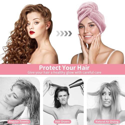 3 Pack Hair Towel Wrap for Women, 25.4" x 9.8" Microfiber Towels, Super Absorbent Quick Dry with Button for Curly Hair Anti Frizz (Pink,White,Purple)