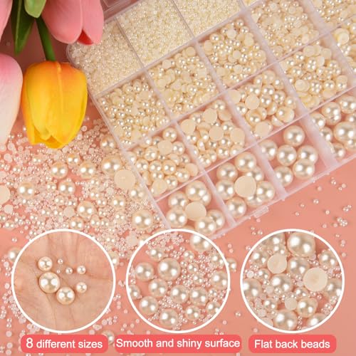 NEBURORA 13000 Pcs Ivory White Flat Back Pearl Kit 8 Sizes with Tweezer and Picker Pencil Beige Half Round Flatback Pearls Beads for DIY Crafts Nails Makeup Clothes