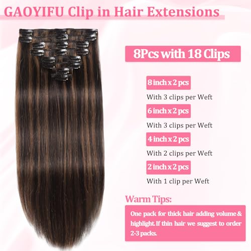 Clip in Hair Extensions Real Human Hair, Seamless Balayage Human hair Clip ins Extensions for Women Invisible Straight 8Pcs Double Weft Dark Brown Highlight Chestnut Brown 22inch 110g