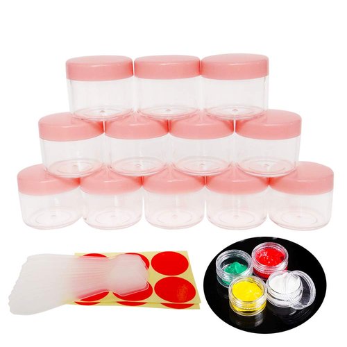 Wopanxye 12pack 20 Gram 20ml Jars, Small Cosmetic Sample Empty Container, Plastic Round Pot Pink Screw Cap Lid, Tiny 20g Bottle for Makeup, Eye Shadow, Nails, Powder, Jewelry, Free 12pcs Spatulas