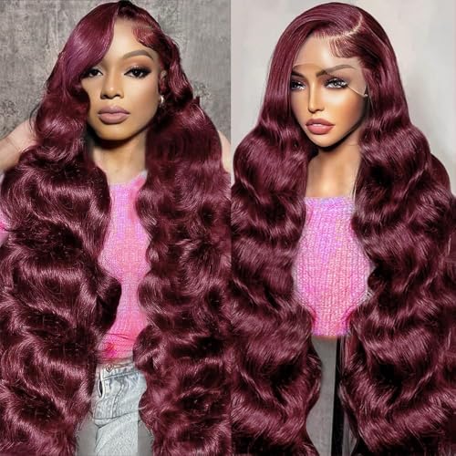 28 Inch 99J Burgundy Lace Front Wigs Human Hair Pre Plucked with Baby Hair 180% Density Glueless Wine Red Colored Body Wave Human Hair Wig 13x4 HD Transparent Lace Frontal Wigs for Women