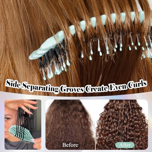 Curl Defining Brush, Boar Bristle Detangling Hair Brush for Women Girls Thick Curly Wavy Hair Wet Dry Use, Fast Blow Drying Vented Styling Hairbrush, Smoothing Hair No Tangle (Turquoise)