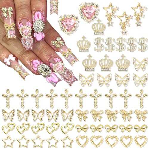 180PCS Gold Nail Charms: Cross Crystal Star, 3D Gold Butterfly, Sparkly Crown, Shiny Dollar Sign, Bling Cross Bowknot Starlight for Nail Art and DIY