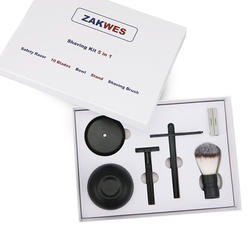 Men's Shaving & Grooming Set, Double Edge Safety Razor, Shaving Brush, Razor & Brush Stand,10 Blades, Shaving Bowl, Valentine Gift For Men, Gift for Fathers/Dads (Black).