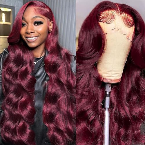 13x4 burgundy lace front wigs human hair Pre Plucked 180 Density HD Body Wave Lace Front Wigs Human Hair Pre Plucked Bleached Knots Transparent Frontal Wigs Human Hair(32inch)