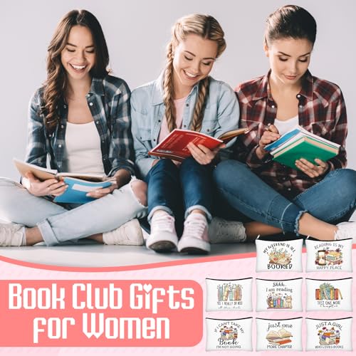 8 Pcs Book Club Gifts Book Lovers Makeup Bag Gifts for Women Cosmetic Bag with Zipper Pouch for Teen Adult Women Lovers Librarian Bookish Club Gifts(Book,Flower)