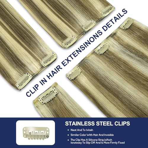 Blonde Clip in Hair Extensions, 26 Inch 130g, 8p613 Mixed Bleach Blonde, Invisible Seamless Straight Remy Blonde Hair Extensions Clip in 8pcs Per Set with Double Weft