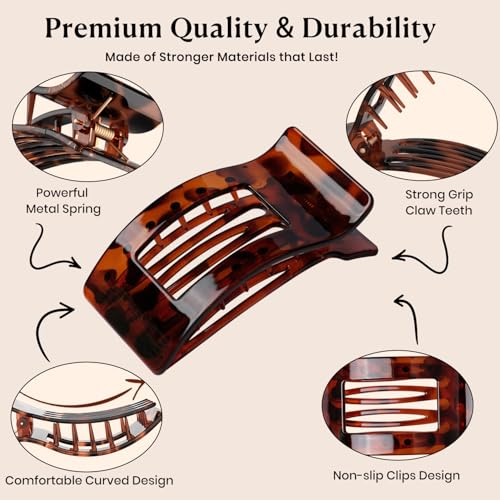 4 PCS Flat Hair Clips for Women - Stylish French Lay Down Flat Claw Clips for Thick Thin Hair, Comfortable Curved Large Flat Clips, Leopard Print Non-Slip Strong Hold Hair Accessories, Tortoise