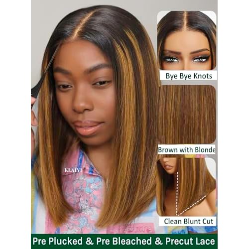 KLAIYI Bye Bye Knots Glueless Wig Ombre Brown with Blonde Bob Straight Precut 7x5Lace Front Human Hair Wig with Dark Roots Pre Plucked Bleached Blunt Cut Balayage Highlight Ready to Wear and Go 14Inch
