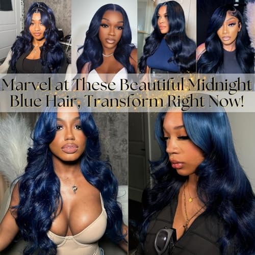 Dark Blue Body Wave 4x4 HD Transparent Lace Closure with Bundles, 12A 100% Brazilian Virgin Hair, Soft Glossy Thick, Perfect for Quick Weave Sew-In Styles 16 18 20 Inch + 4x4 Closure 16 Inch