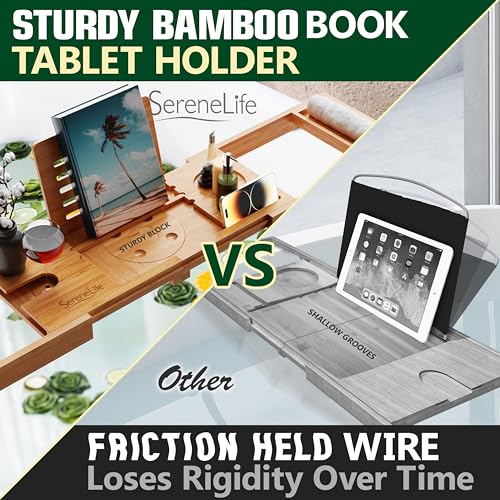 SereneLife Bamboo Bath Caddy with Fold and Lock Design - 30¡± to 43¡± Expandable Bathtub Tray, Easy Storage Folding Hinges