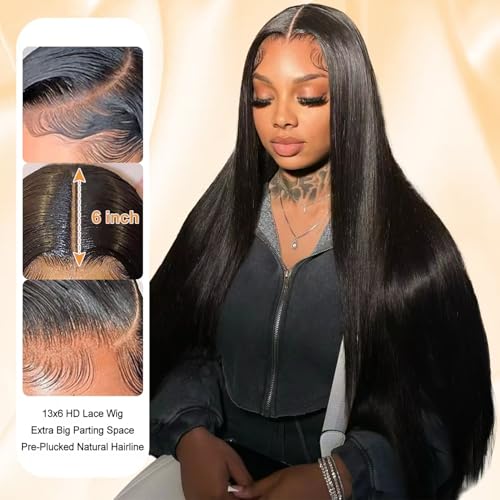 13x6 Lace Front Human Hair Wigs Straight Lace Front Wigs Real Hair for Women HD 200% Density Lace Frontal Human Hair Wig Pre Plucked with Baby Hair Natural Black Long Hair 34 Inch