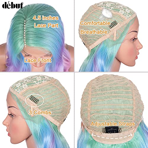 D?BUT Side Part Lace Front Wigs Colored Cosplay Synthetic Wavy Wigs Left Part Body Wave Lace Wig Heat Resistant Fiber Rainbow Color Wigs 29 Inches