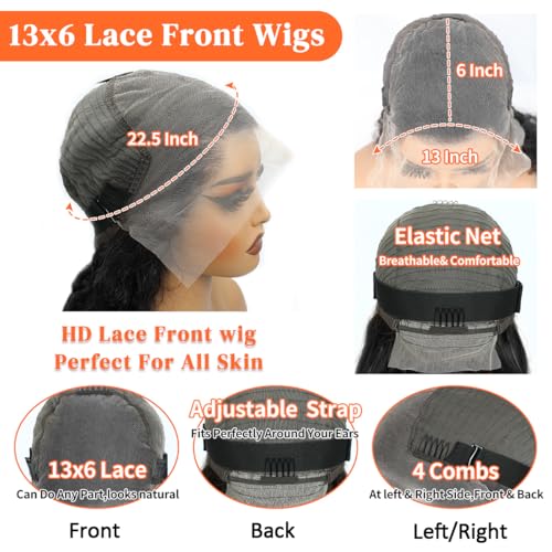 30 Inch 13x6 Body Wave Lace Front Wigs Human Hair 220 Density HD Lace Front Wigs Human Hair Pre Plucked Brazilian Virgin Wigs Human Hair for Women Glueless Lace Frontal Wig Natural Black Body Wave Wig