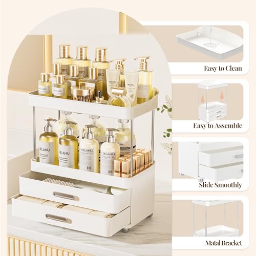 Delamu Bathroom Counter Organizer with Lipstick Holder, 4 Tier 2 Drawers Makeup Organizer, Bathroom Organizers and Storage for Vanity, Office, Perfume, Skincare, White