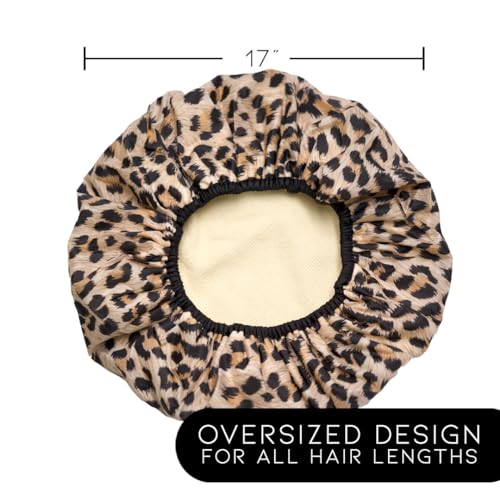 Reusable Nylon Shower Cap & Bath Cap, Reversible Oversized Waterproof Shower Caps Large Designed for all Hair Lengths w Terry Lining & Elastic Band Stretch Hem Hair Hat - Socialite Safari Spots