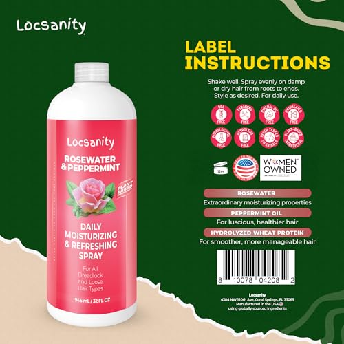 Locsanity Rosewater and Peppermint Daily Moisturizing Spray ? Jumbo Size Hydrating Dreadlock Spray to Nourish the Scalp and Protect Hair From Oil and Buildup (32oz)