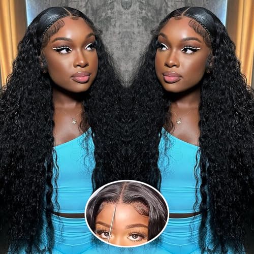 32 Inch Glueless Wigs Human Hair Pre Plucked Pre Cut 5x5 HD Lace Closure Wigs 180% Density Deep Wave Lace Front Wigs Human Hair With Baby Hair Wigs for Women Natural Black