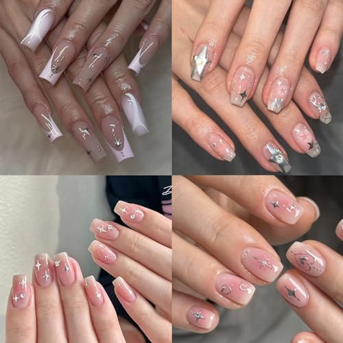NOOEPC 7 Sheets Metallic Mirror Silver Nail Stickers Art Women 3D Star Nail Stickers Decals for Self-Adhesive CharmsY2k Butterfly Nail Art Stickers