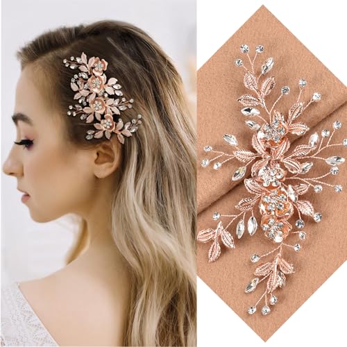 Bridal Hair Accessories Bright Rose Gold Wedding Hair Duckbill Clip for Brides, Handmade Rhinestone Hair Vine Wedding Head Pieces for Women and Bridesmaids Flower Girls