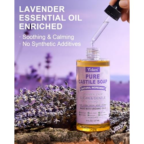 Pure Castile Soap Liquid Lavender 8 OZ, Made with Certified Organic Oils, Gentle Lavender Soap for Hands & Body Wash, Face, Dishes, Laundry & More - Vegan & Natural Ingredients Cleanser
