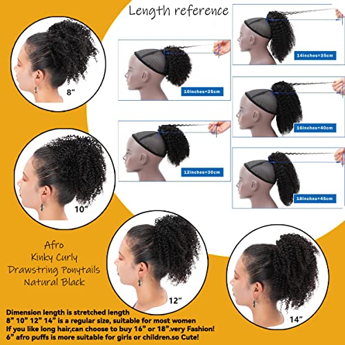 Afro Puff Drawstring Ponytail Human Hair 8a Brazilian Virgin Hair 2 Clip In Natural Kinky Curly Puffs Updo Chignon Buns Extension for Black Women Girls 12 Inch #1B Natural Black