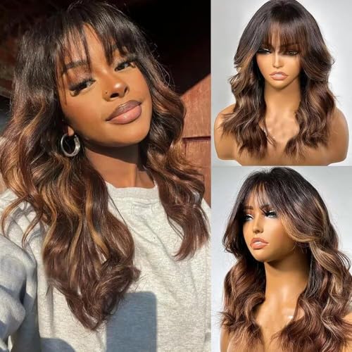 Mixed Colored 1B/30 Higjhlight 27 Ombre Brown and Honey Blonde Layered Cut Wavy Human Hair Wig with Bangs 13X6 HD Lace Front Bleached Knots Loose Wave Bangs Wig 150 Density 14 Inch