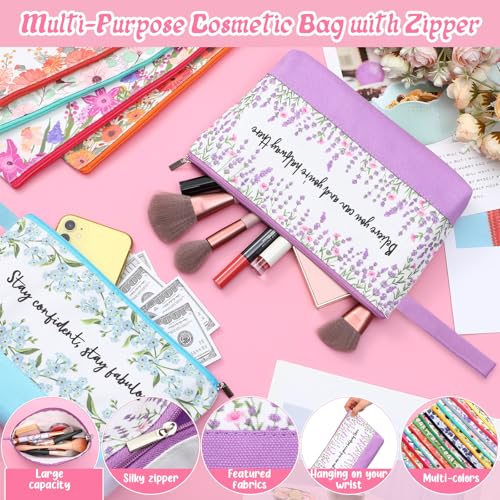 Silkfly 30 Pcs Cotton Canvas Makeup Bags Canvas Cosmetic Zipper 10.2 x 5.5 x 2 Inches Blank DIY Pouch Bag Bulk with Bottom Pencil Case Travel Toiletry Pouch for Women (Flower)