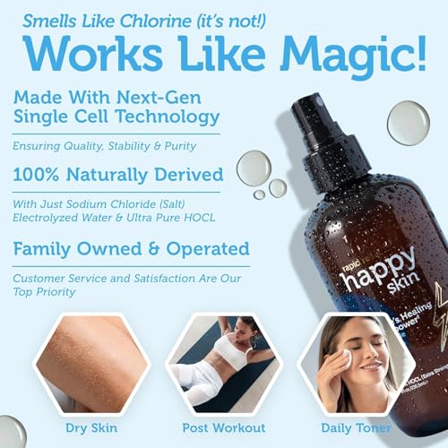 Happy Skin Hypochlorous Acid Spray for Face Travel Size ? Extra Strength Natural Full Body Cleansing Toner for Acne ? Soothe, Hydrate & Repair Dry, Sensitive Skin ? pH Balanced, Non-Toxic 2oz
