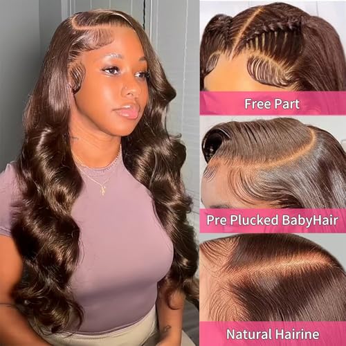13X6 Chocolate Brown Body Wave Lace Front Wigs Human Hair Wig 200% Density HD Transparent Lace Frontal Wigs Human Hair Pre Plucked With Baby Hair