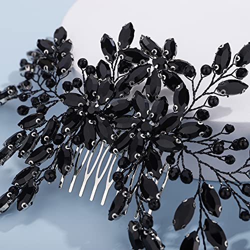 Teyglen Women Luxurious Bridal Hair Accessories - Dainty Large Crystal Pearl Flower Headband, Shiny Rhinestone Side Combs for Brides and Girls (Black)