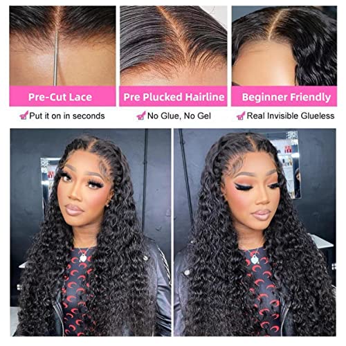 Wear And Go Glueless Wigs Human Hair Pre Plucked Pre Cut Lace Deep Curly Human Hair Wigs For Black Women 4x4 Closure Wigs Human Hair Reay To Wear Glueless Wig For Beginners 150% Density (28inch)