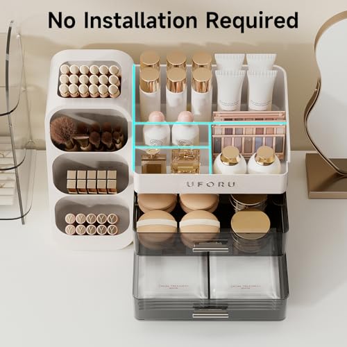 Makeup Organizer for Vanity with Brush Holder, Countertop Skincare Organizer with 2 Drawers, Spacious Cosmetic Display Case for Perfumes, Eyeshadow Palettes, Nail Polishes
