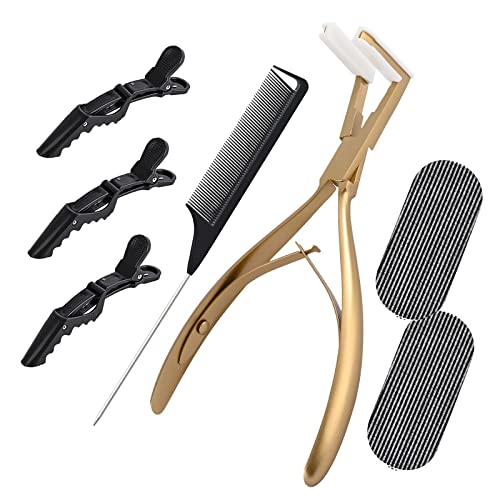 NEWISHTOOL Tape in Hair Extension Tools Kit, Stainless Steel Tape Sealing Pliers Fine Tail Comb Hair Clips & Pads for Human Hair Extension Tape Sealing, Gold Flat Surface Taping Clamp Plier