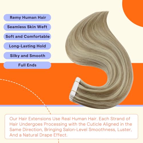 Full Shine Tape Ins Human Hair Extensions 20 Inch Color 16 Light Golden Blonde Highlighted 22 Blonde Tape in Hair Extensions Human Hair Natural Invisible 40PCS Seamless Skin Weft 100 Grams for Party