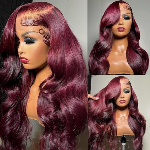 28 Inch 99J Burgundy Lace Front Wigs Human Hair Pre Plucked with Baby Hair 180% Density Glueless Wine Red Colored Body Wave Human Hair Wig 13x4 HD Transparent Lace Frontal Wigs for Women