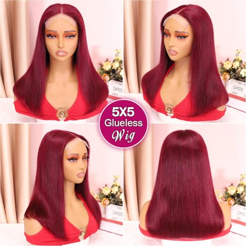 Wear and Go Glueless Bob Wig Human Hair 200% Density 5x5 HD Lace Closure Wigs For Black Women Glueless 5x5 Closure Wigs Human Hair Pre Plucked Bob Burgundy Color 16 Inch