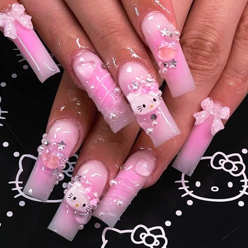 24Pcs Pink Coffin Nails Press on Nails Long Coffin Fake Nail with 3D Heart Pearl Star Charms Design Nail Art Gems Diamond Pink Acrylic Nail Art Supply Full Cover Stick on Nails Art for Women
