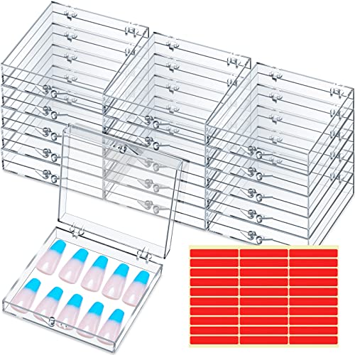 Landhoow 15 Pcs Press On Nail Boxes Nail Display Case with 30 Adhesive Tape, Artificial Press On Nail Container, Acrylic Storage Organizer(Clear)