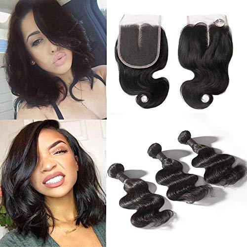 SingleBest Body Wave Bundles With Closure 10A Brazilian Virgin Hair Short Bob Weave With 4x4 Middle Part Half Hand Tied Lace Closure 100% Unprocessed Human Hair Natural Color(8 8 8+8inch)