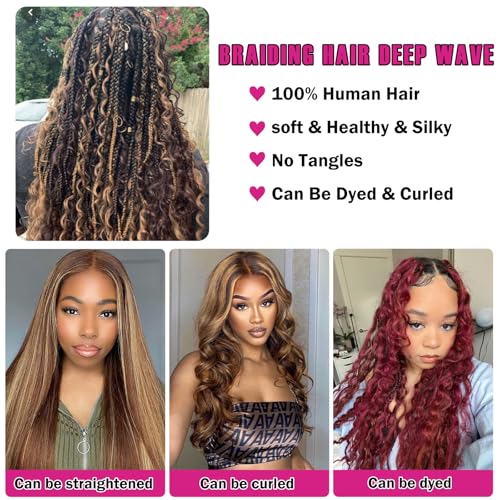 Highlight Human Braiding Hair for Boho Braids 110g Deep Water Wave Bulk Human Hair for Braiding Knotless 12A Curly Bulk Bohemian 3 Bundles P/430 Unprocessed Brazilian Ombre Extensions 20 Inch