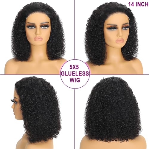 Curly Bob Wigs Human Hair 10 Inch Pre Plucked Pre Cut 5x5 HD Lace Closure Wigs for Black Women Wear and Go Glueless Wig Bob Hair Deep Wave Lace Front Short Curly Wigs 180 Density Natural Black