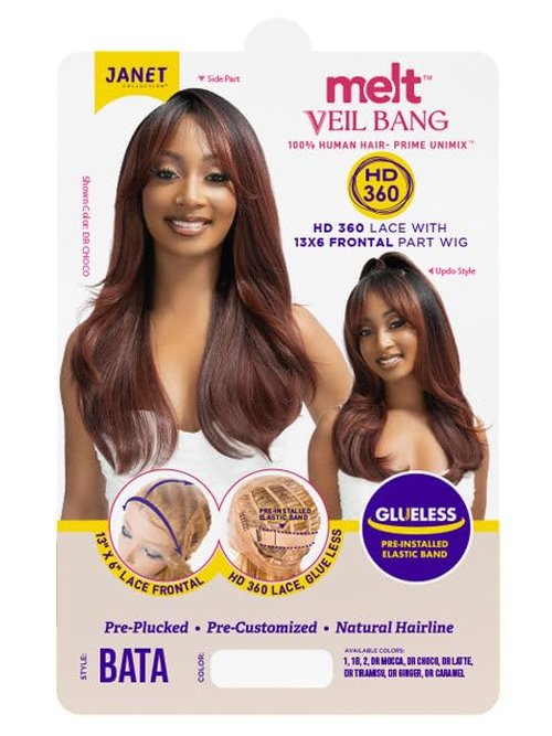 Janet Collection melt VEIL BANG HD 360 HUMAN HAIR BLEND PRIME UNIMIX Hand-Tied 13X6 Frontal with HD 360 Glueless Transparent Lace BATA Wig (COLOR #DR LATTE)