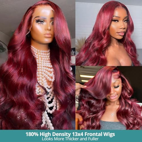 Allove 99j Burgundy Lace Front Wigs Human Hair Pre Plucked 180% Density 26inch Body Wave Lace Front Wigs Human Hair with Baby Hair 13x4 Glueless HD Transparent Frontal Human Hair Wigs For Women