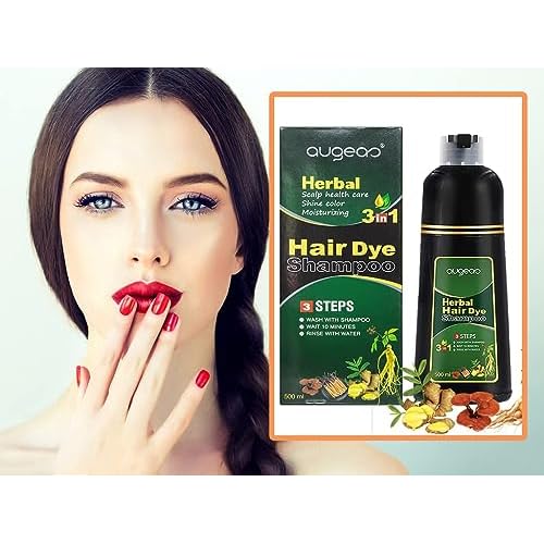 AUGEAS 500ML Black Permanent Hair Color Shampoo, 3 IN 1 Organic Herbal Fast Coloring Shampoo for Men and Women to Cover Grey/White Hair (BLACK)