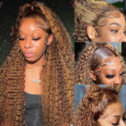 Hidden Strap 360 Water Wave 220% Density Honey Blonde Deep Curly Human Hair wig Ombre Deep Wave 4/27 Highlight Lace Front Wigs Pre Plucked Wet And Wavy Water Wave Wig for Women 18 Inch