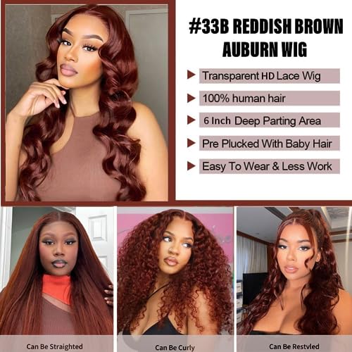 220 Density Reddish Brown Lace Front Wigs Human Hair 13x6 Body Wave Lace Front Wigs Pre Plucked with Baby Hair for Women 100% Human Hair Auburn Colored HD Lace Frontal Wigs 22 Inch